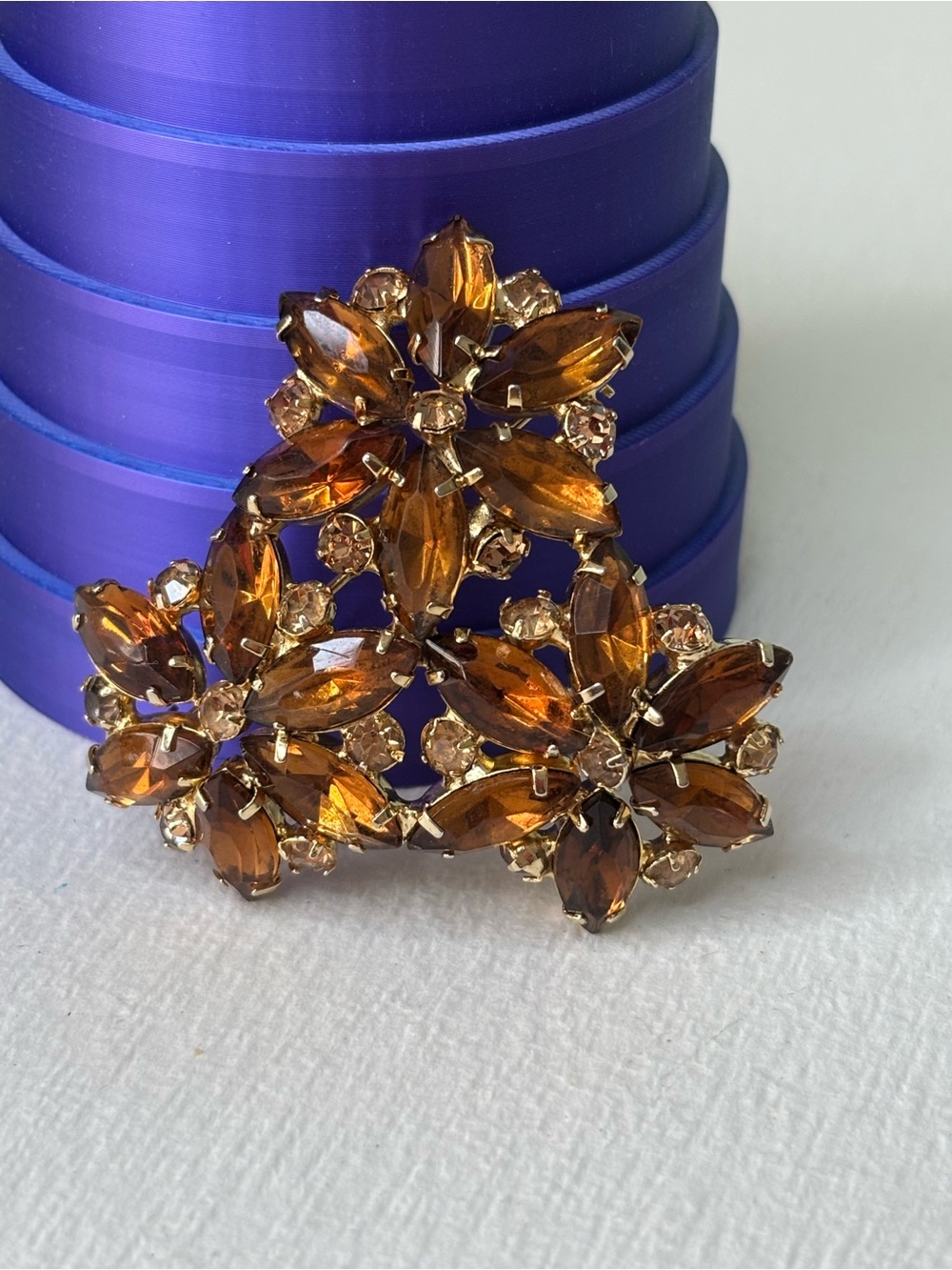 Vintage Amber Crystal Floral Statement Brooch